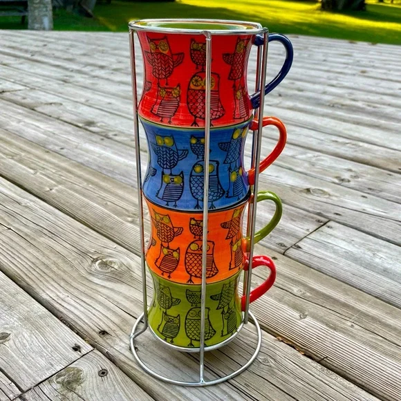 4 Pier 1 Owl Stacking Mugs In A Rack - Picture 14 of 15